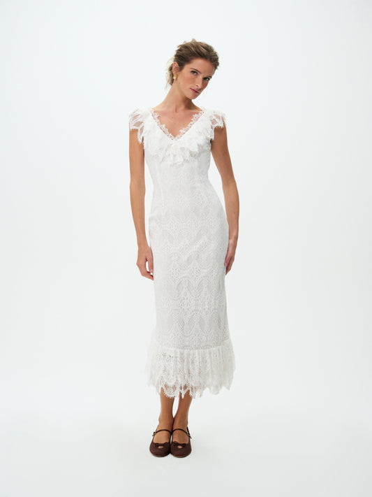 For Love & Lemons Victorian Cascade Lace Midi Dress