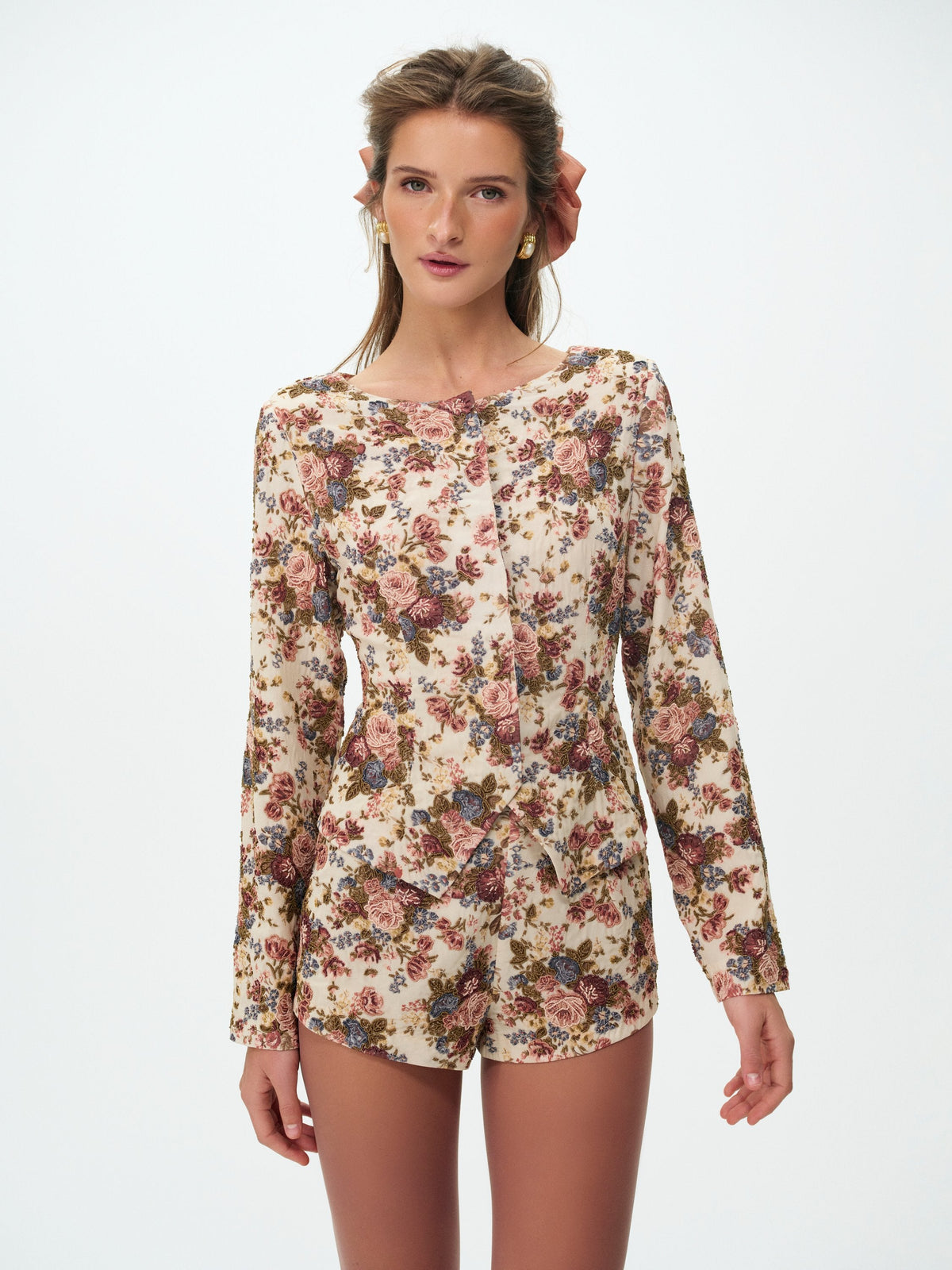 For Love & Lemons Betsy Floral Beaded Shorts