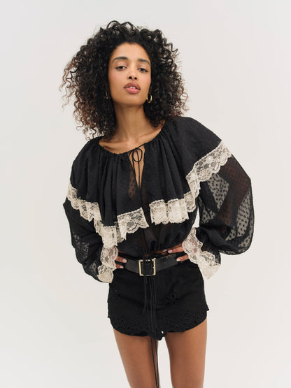 For Love & Lemons Daisy Eyelet Denim Skort