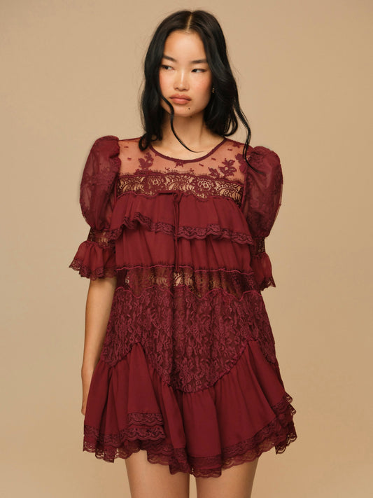 For Love & Lemons Elara Lace Puff Sleeve Mini Dress
