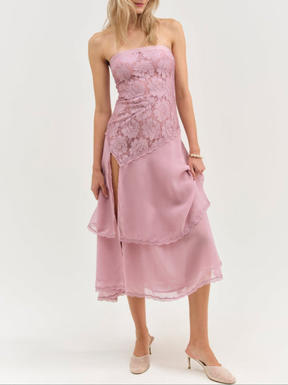 For Love & Lemons Claudia Rose Lace Strapless Midi Dress