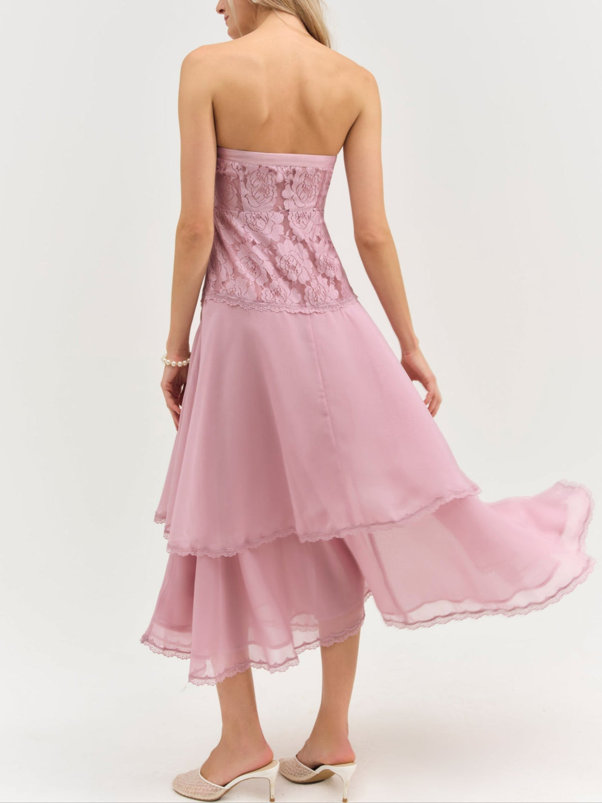 For Love & Lemons Claudia Rose Lace Strapless Midi Dress