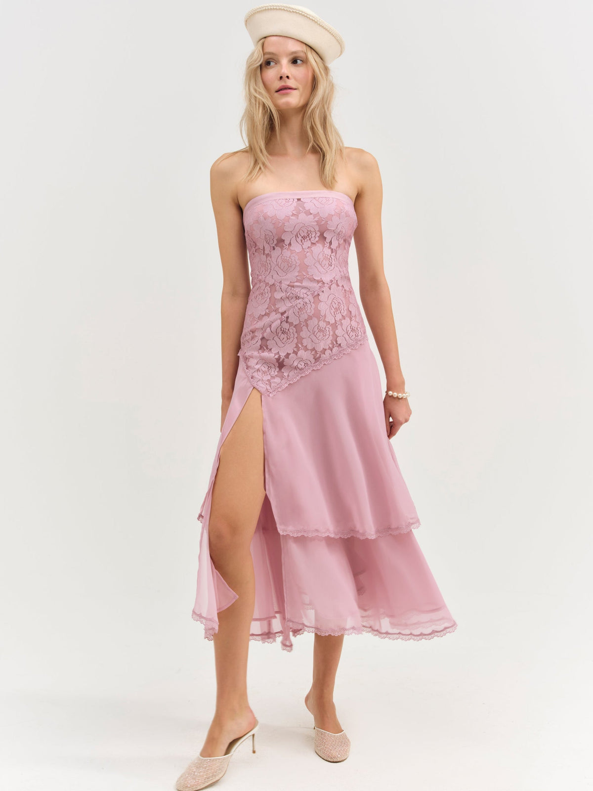 For Love & Lemons Claudia Rose Lace Strapless Midi Dress