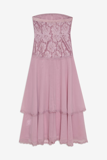 For Love & Lemons Claudia Rose Lace Strapless Midi Dress