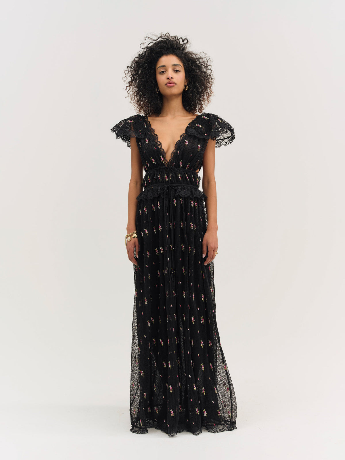 For Love & Lemons Poppy Pleated Lace Maxi Dress