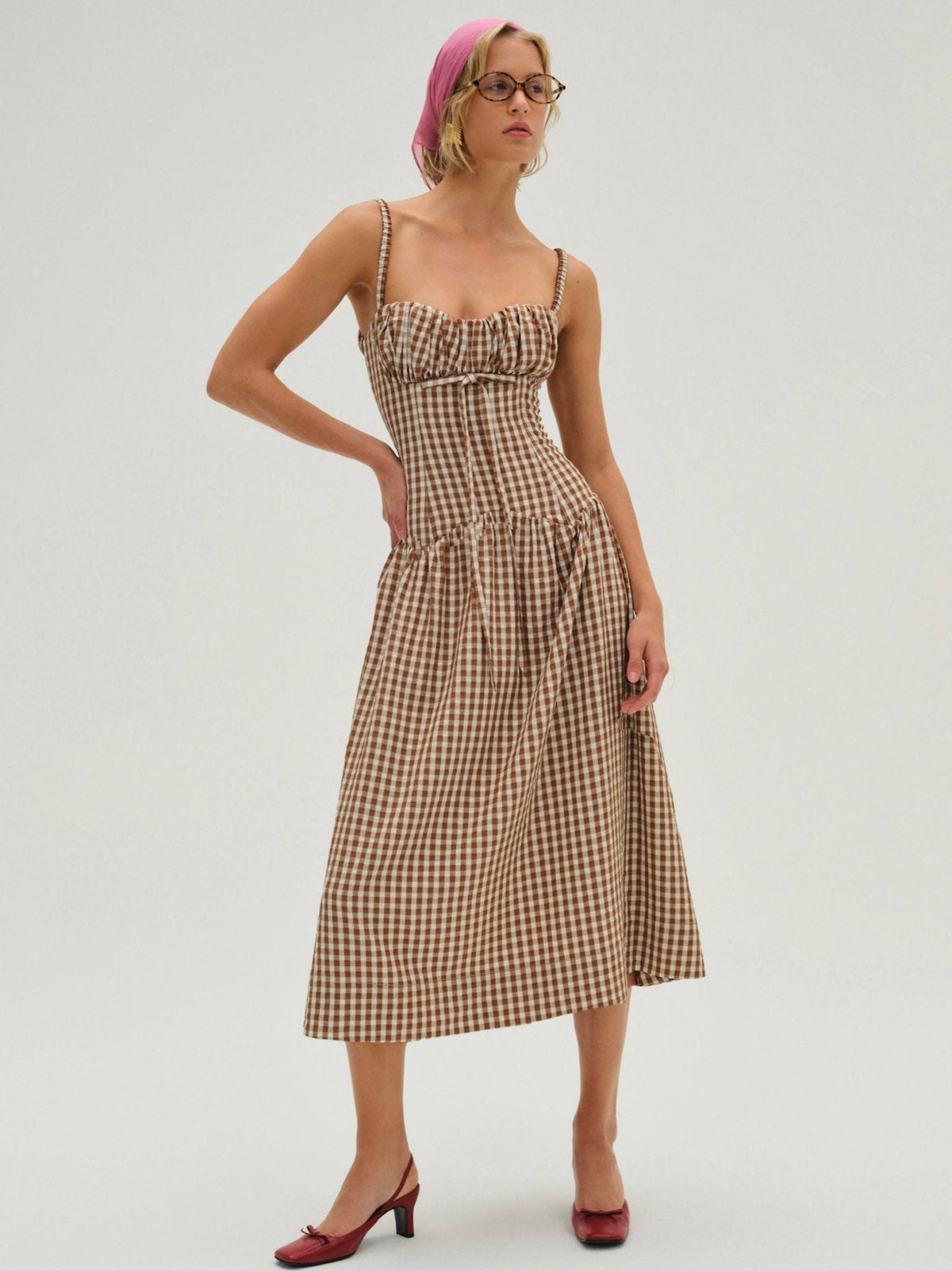 For Love & Lemons Gingerbread Gingham Midi Dress