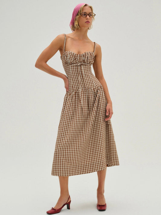 For Love & Lemons Gingerbread Gingham Midi Dress