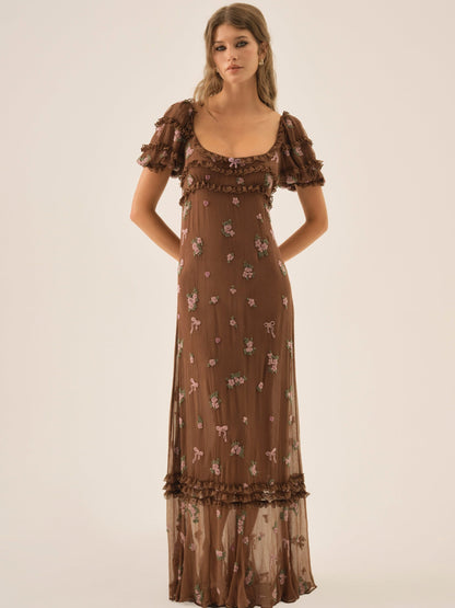 For Love & Lemons Beaded Garden Bow Maxi Dress