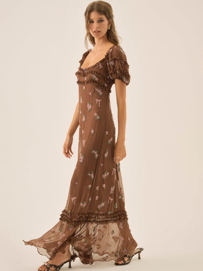For Love & Lemons Beaded Garden Bow Maxi Dress