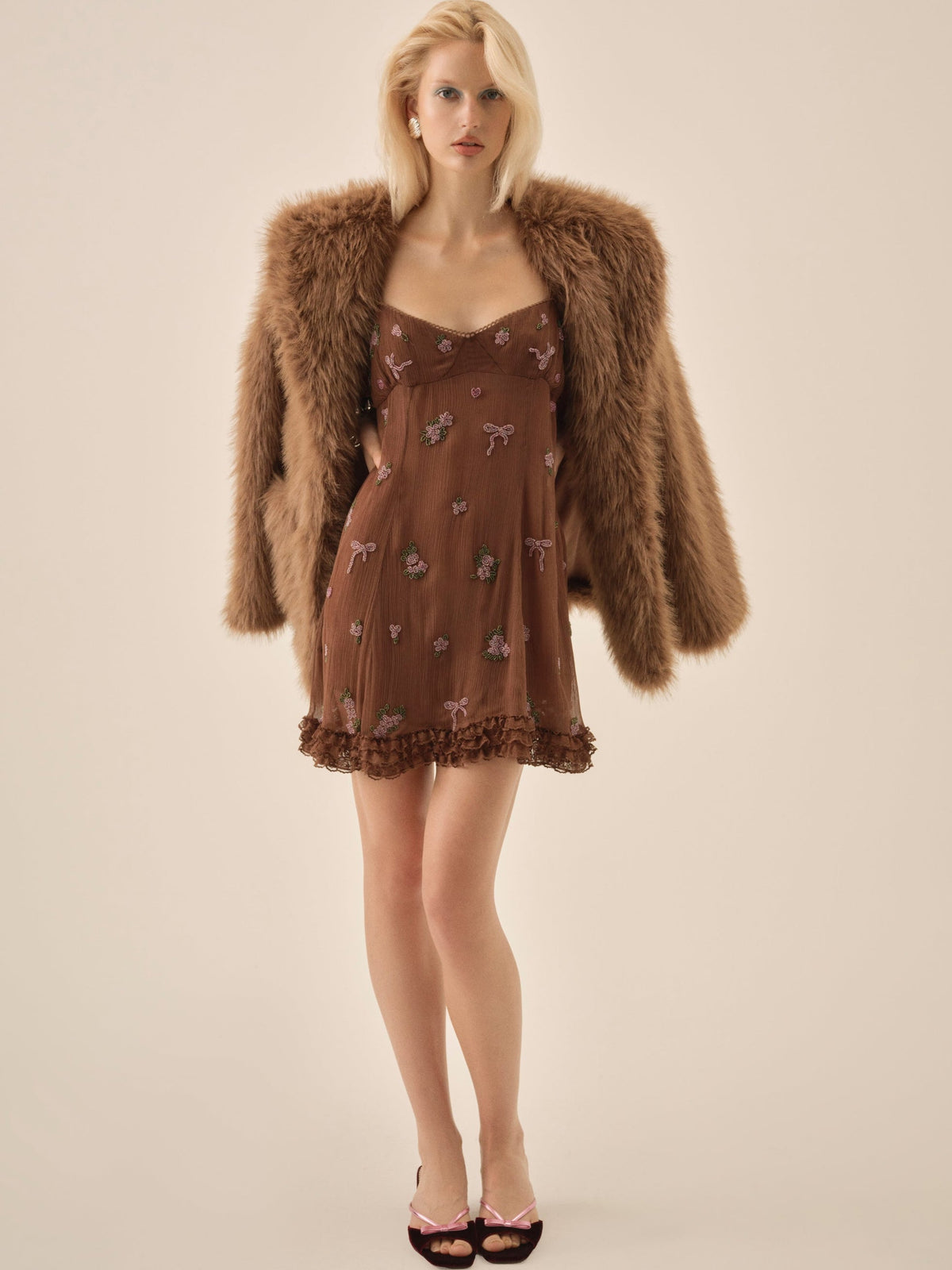 For Love & Lemons Beaded Garden Bow Mini Dress
