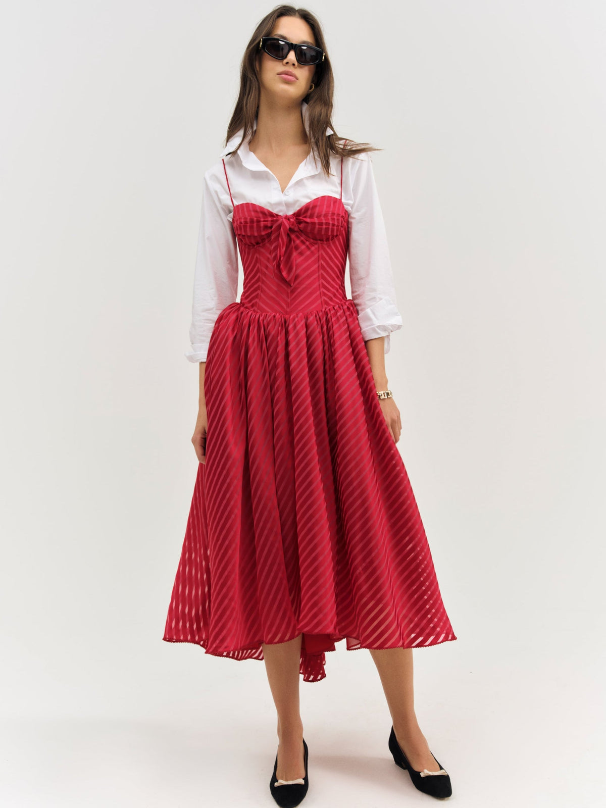 For Love & Lemons Satin Burnout Stripe Midi Dress