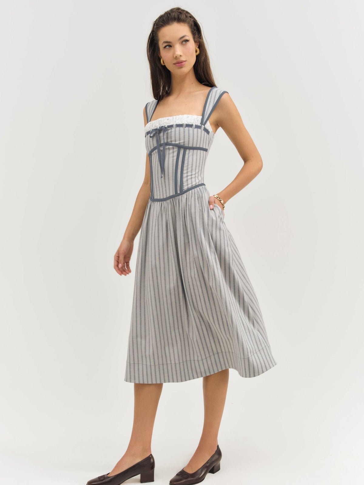 For Love & Lemons Linen Stripe Midi Dress