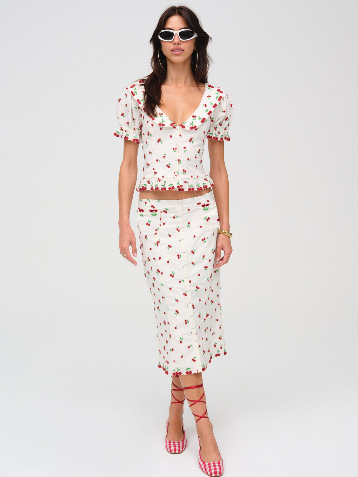 For Love & Lemons Beaded Cherries Midi Skirt