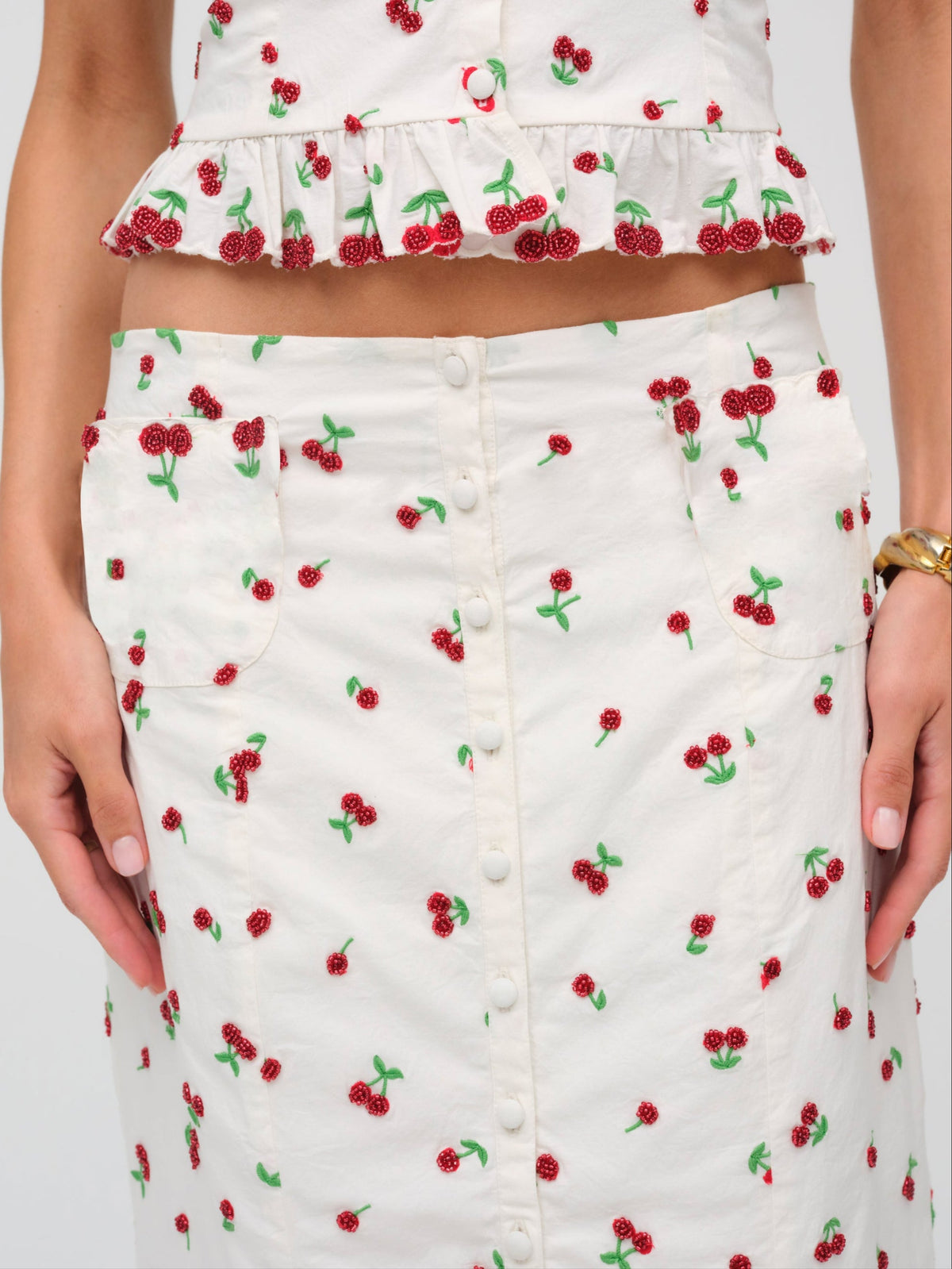 For Love & Lemons Beaded Cherries Midi Skirt