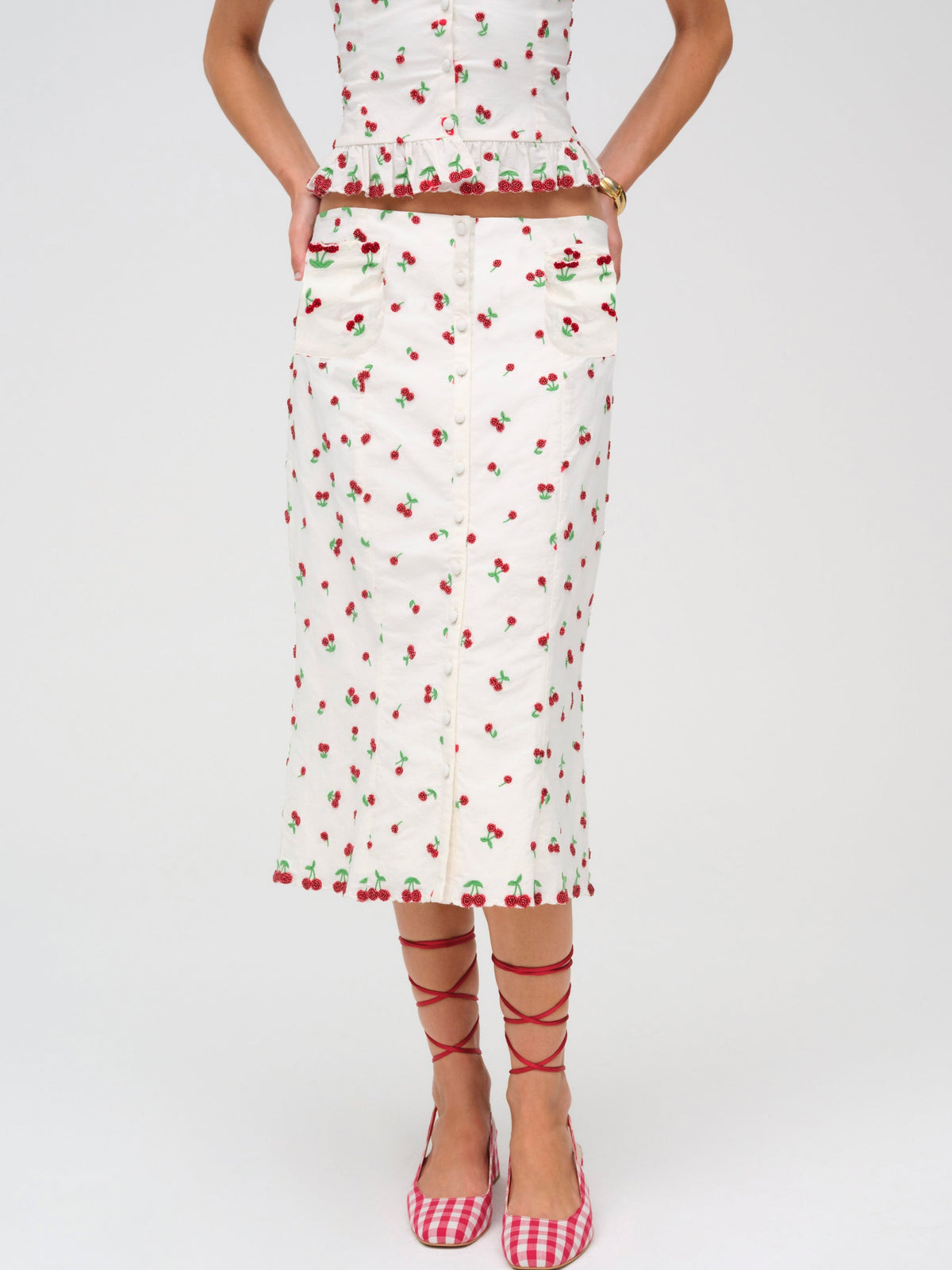 For Love & Lemons Beaded Cherries Midi Skirt