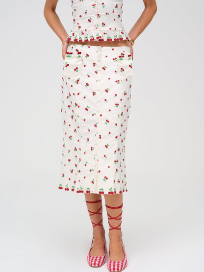 For Love & Lemons Beaded Cherries Midi Skirt