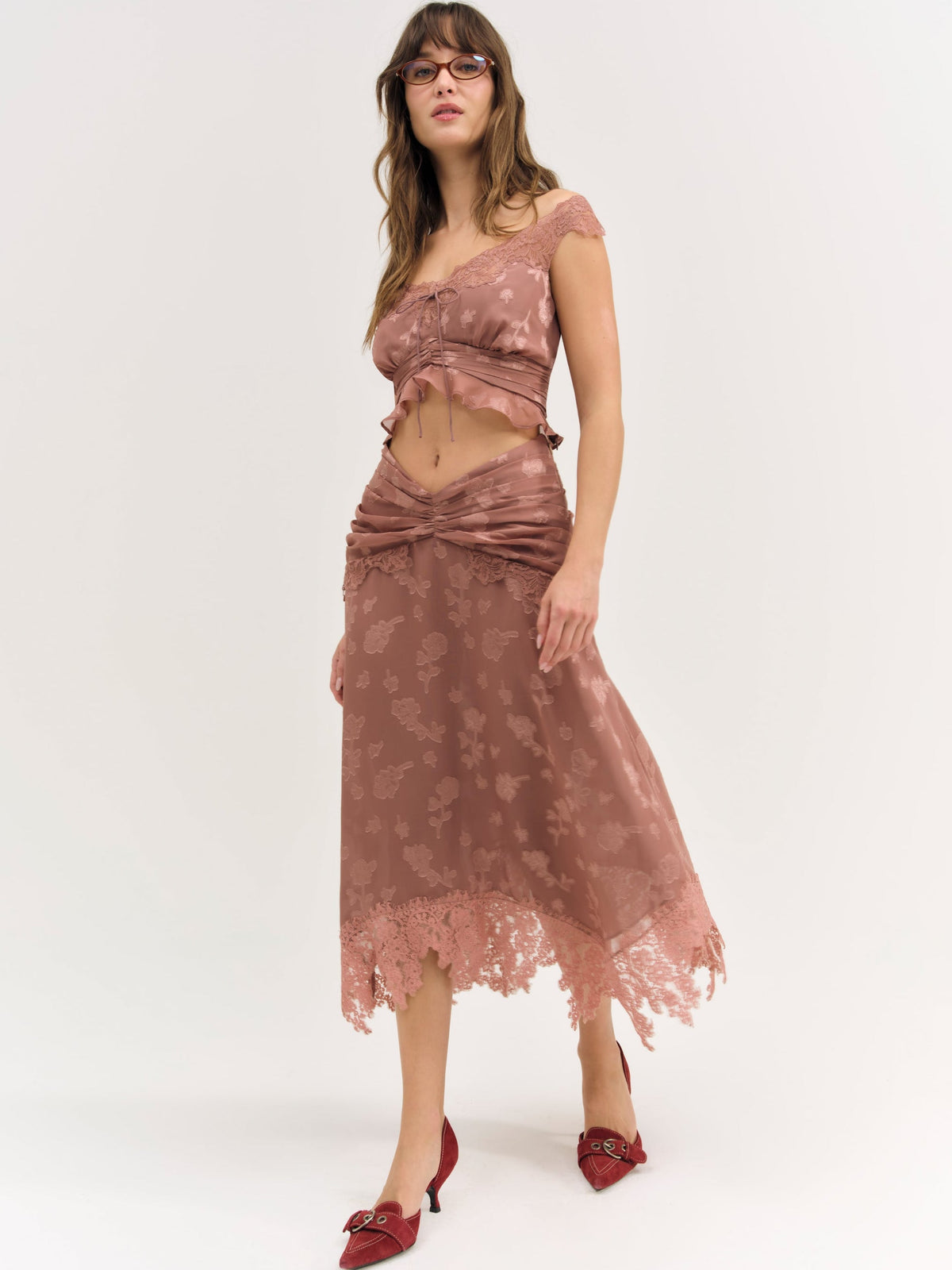For Love & Lemons Colette Satin Burnout Midi Skirt
