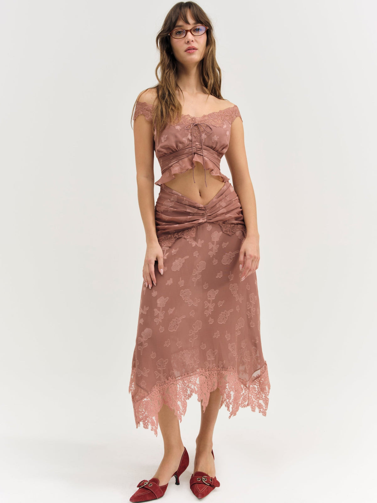For Love & Lemons Colette Satin Burnout Midi Skirt