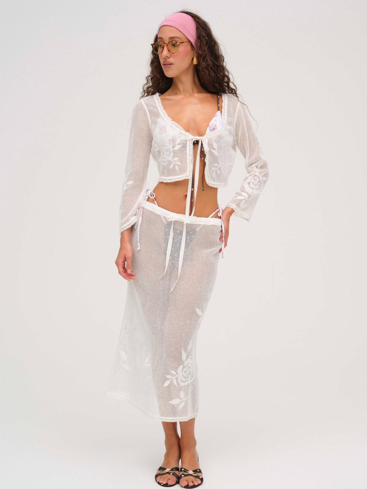 For Love & Lemons Rose Crochet Midi Skirt